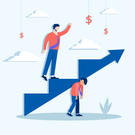 Climbing ahead of career ladder concept. Lets rise to financial business success at expense of their colleagues successful character rises fame along vector arrow standing on shoulders of friend.のイラスト素材