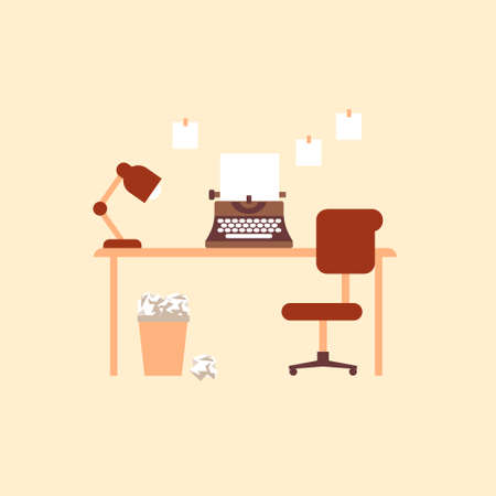Writers desk with typewriter. Retro printing equipment with blank sheet comfortable chair and lamp on table trash can full of wasted crumpled paper creative mechanical vector journalism.のイラスト素材