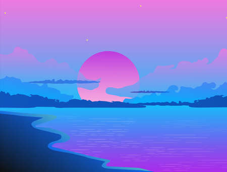 Evening sunset on sea beach landscape. Purple sun hiding behind dark blue clouds against backdrop of purple ocean tide waves tropical vacation on coast vector.のイラスト素材