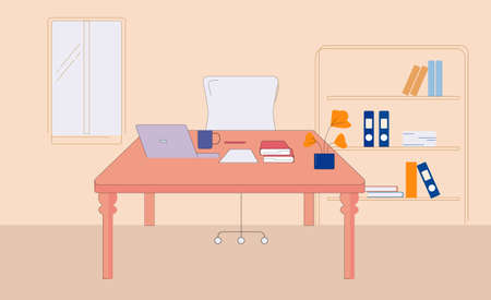 Workplace in business office. Comfortable chair at table with laptop and documents large bright window with shelving typical day for an office manager in cozy vector office.のイラスト素材