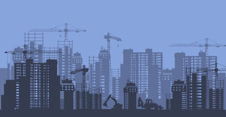 Construction and development of megalopolis silhouette. Building of business centers and residential skyscrapers in new city quarter high rise of vector houses under construction.のイラスト素材