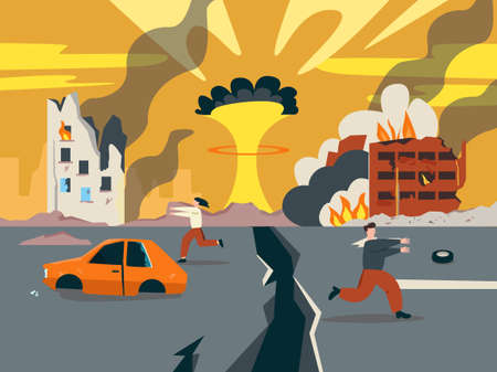 Doomsday in ruined city illustration. Last days of apocalypse nuclear explosion with split city road...