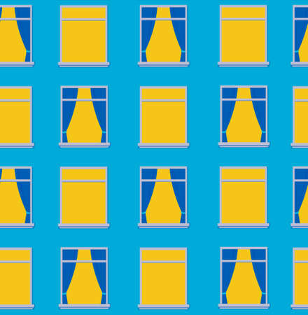 Evening window illustration. Night apartments with yellow electric light behind curtains modern...