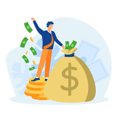 Rich manager with bag of money concept. Huge financial profits and successful economy gold coins and paper cash reserves successful professional management vector jackpot.のイラスト素材