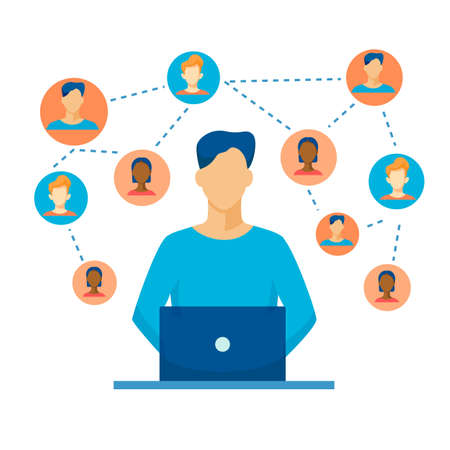 Business management web concept. Online HR and marketing financial services mobile social media strategy with ecommerce analysis advertising vector technology development flat corporate .のイラスト素材