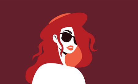 Mysterious woman in sunglasses. Stylish sexy girl with red hair and hat looks forward thoughtfully handsome character with daring vector face vintage secret agent.のイラスト素材