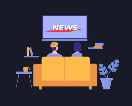 People watch news illustration. Watching latest information events of day on TV in cozy living room at home comfortable yellow sofa modern video technologies for relaxation cognition vector.のイラスト素材
