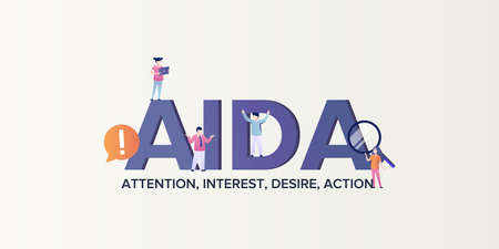 Aida marketing model of consumption . Attention to client causing his interest desire to act and make purchases corporate management advertisement scheme promoting flat vector advertising.のイラスト素材