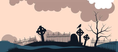 Ancient cemetery at dawn background. Old crosses and gravestones silhouettes with sitting raven destroyed fences unkempt burials gloomy forgotten religious burials with use of ancient vector magic.のイラスト素材