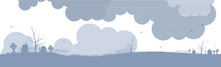 Ancient cemetery in fog background. Old silhouettes crosses and gravestones with destroyed fences overgrown unkempt burials gloomy forgotten religious burials with use of ancient vector magic.のイラスト素材