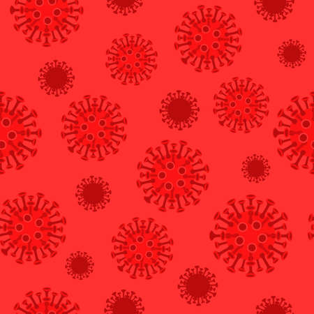 Coronavirus bacteria seamless pattern. Red viral pathogen danger of pandemic and bacterial infection biological weapon with high probability of epidemic microscopic harmful vector organismsのイラスト素材