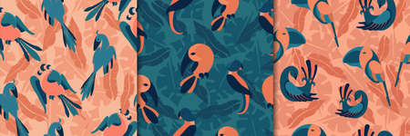 Birds in jungle seamless pattern. Exotic parrots orange green tropical paradise with toucans jungle...