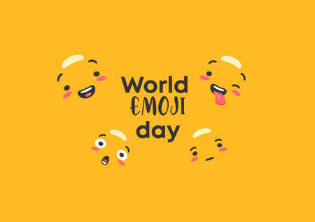 World emoji day. Emoticons character outlines on yellow background joyful messenger and sad faces...