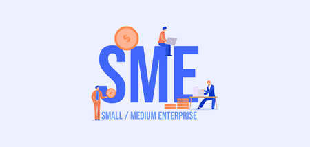 SME Small medium enterprise. Business investment management strategy payment by cash and credit card social media marketing technologies vector informational online reference for advertising .のイラスト素材