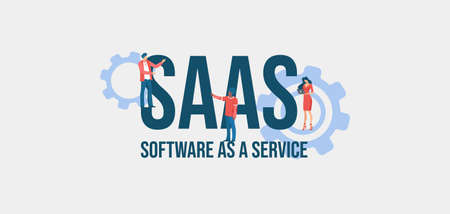 SAAS Software as a service. Informational online communication social media marketing technologies promotional email messages and web video reference for advertising and user support vector.のイラスト素材