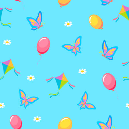 Summer kids vacation seamless pattern. Red balloon flying purple butterflies with yellow tint airy toy kite with green stripes white chamomile flowers on blue vector background.のイラスト素材