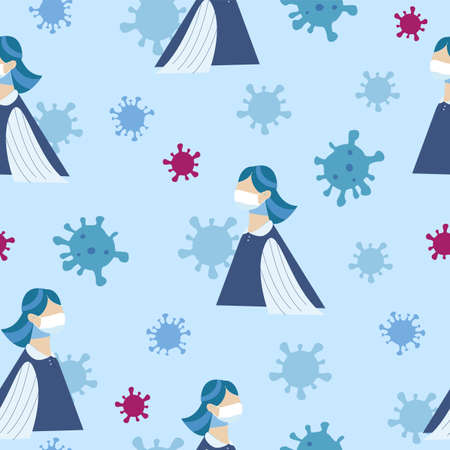 Coronovirus pandemic seamless pattern. Masked female character with flying green and red bacteria protection against pneumonia and outbreak global infection biological vector danger.のイラスト素材