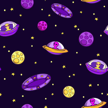 Ufo seamless pattern. Purple aliens on yellow flying saucers pink asteroids rushing through star...