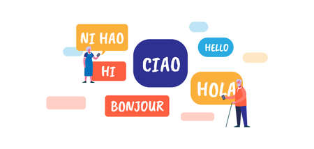 Different language. International red words in French blue English dialect global travel communication with knowledge spoken multilingualism learning friendship in native vector language.のイラスト素材