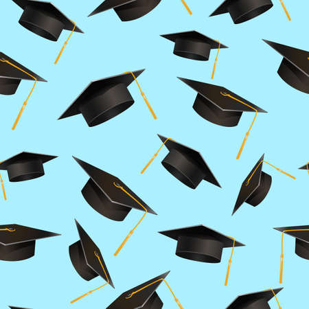 Graduate hat seamless pattern. Student black headdress with yellow tassel on blue background celebration of academic achievement with graduation successful wisdom vector.のイラスト素材