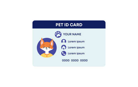 Pet ID card template. identification card animal with photo characteristics and vaccinations secure pass with personal owners phone character information plastic vector data badge ID.のイラスト素材
