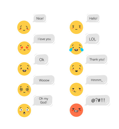 Emotional emoticons with conversation bubbles. Yellow declaration love and delight emotion of thoughtfulness and vector admiration.のイラスト素材
