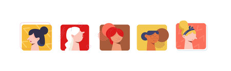 Female avatars ugly. Funny character heads with elongated and twisted color features of vector flat face.のイラスト素材