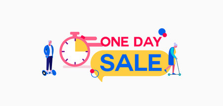 One day sale illustration. Program marketing for attracting customers with discounts and exclusive offers limiting discounts and bargains retail profitable deals in stores and vector markets.のイラスト素材