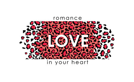 Jaguar skin romance love in you heart background. Tracery spots with red puma camouflage outlines in white leopard vector color scheme.のイラスト素材