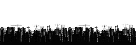 City building landscape. Silhouettes black skyscrapers under construction with cranes against white background vector panorama.のイラスト素材
