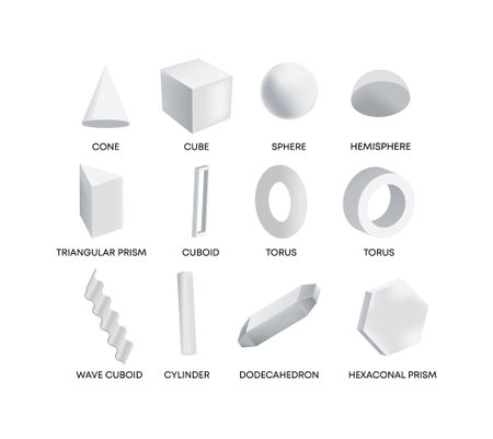 Geometric shapes polygons. White cube with sphere and cylinder torus triangular hexagonal prism with vector oval.のイラスト素材