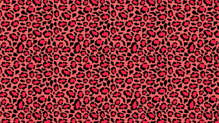 Puma skin red camouflage background. Cheetah crimson spots with black jaguar outlines in vivid pink leopard vector color scheme.のイラスト素材
