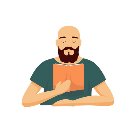 Bearded man reads book with enthusiasm. Bald male character in green tshirt is holding orange vector textbook while pensively studying it.のイラスト素材