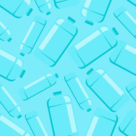 Plastic bottles and jars seamless pattern. Elongated blue empty beverage container scattered across vector glass space.のイラスト素材