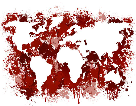 Bloody earth map. Red continents streaked with blood horrible murders and deadly chaos of global vector war.のイラスト素材