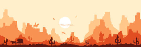 Hot savanna wild west background. Daytime yellow heat with silhouettes cacti and cowboys horseback orange mountains in haze of flying vultures vectorのイラスト素材