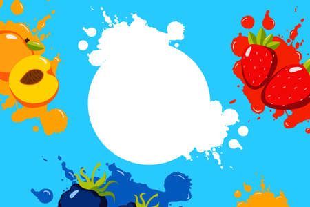 Fruit bright splash banner. Red strawberry smoothie with yellow wave apricot and blue blackberry with empty white space for tropical vector .のイラスト素材