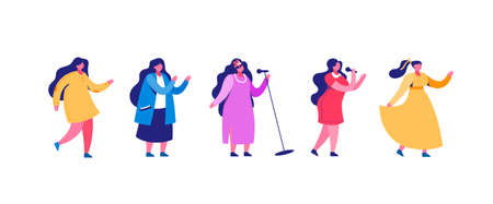 Singing and dancing elegant women clipart. Beautiful singers in purple dress with microphone perform incendiary song and dancers in yellow perform vector pirouettes.のイラスト素材