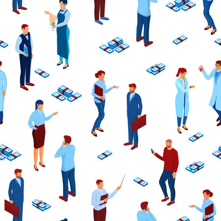 People and work isometric seamless pattern. Male female characters in business blue suits talk about project scientists and teachers give lectures experiments with scattered bundles vector money.のイラスト素材