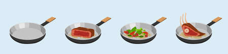 Process of frying meat and vegetables in skillet. Stir fried brown beefsteak and fried green vegetable mixture with vector pepper.のイラスト素材