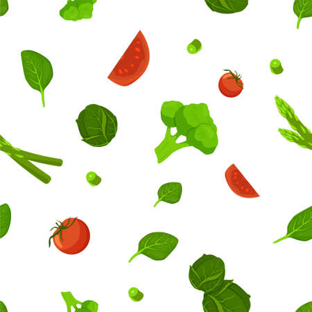 Tomatoes with salad and cabbage seamless pattern. Green broccoli swirl with red tomato slices and vector asparagus leaf.のイラスト素材