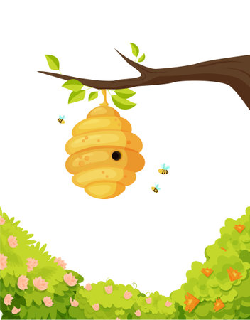 Beehive on branch with swirling bees illustration. Yellow cocoon covered with sweet honey surrounded by flowering trees and flying striped vector insects.のイラスト素材