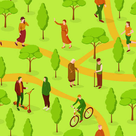People walk in park isometric seamless pattern. Elderly male and female character with sticks walking between green trees guys ride orange scooter and vector bike.のイラスト素材