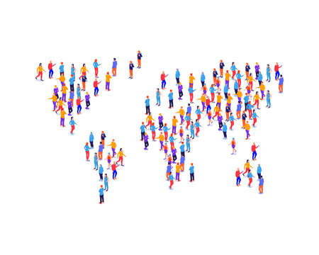 Crowd people in shape earth map isometric illustration. Groups characters lined up with world continents analysis human population and vector size.のイラスト素材