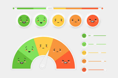 Meter mood and emotions with slider setting. Semicircle from red horrible mood and orange sad to green happy. Cool yellow faces with changing vector feelings.のイラスト素材