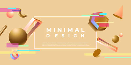 Geometric shapes minimal design. Gold balls with semicircles and pink cones flying blue polygons and...
