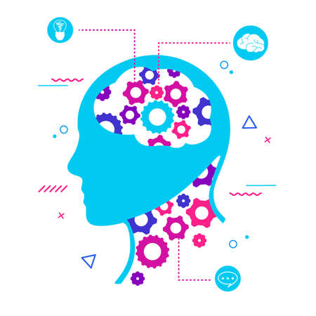 Rotating gear head creative inspiration with intelligent project generation and vector innovation.のイラスト素材