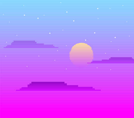 Neon linear sky with clouds retro background. Blue pixel space with purple air shapes and moon old night vector computer graphics.のイラスト素材