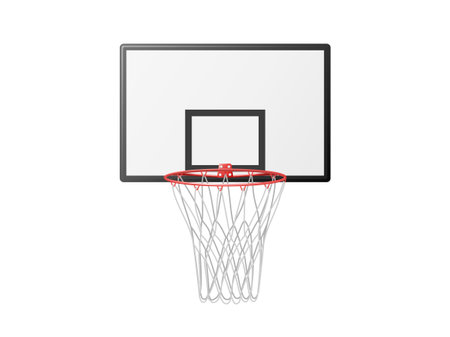 Basketball basket on backboard clipart. Essential element of active game with red metal hoop and white net hanging special mount popular sports competitions and vector recreation.のイラスト素材