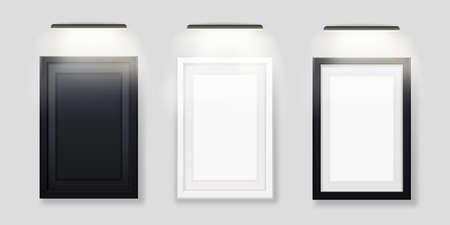 Photo frames with led backlit template. Black and white blank picture with illuminated lamp from top set of interior banners for vector gallery.のイラスト素材
